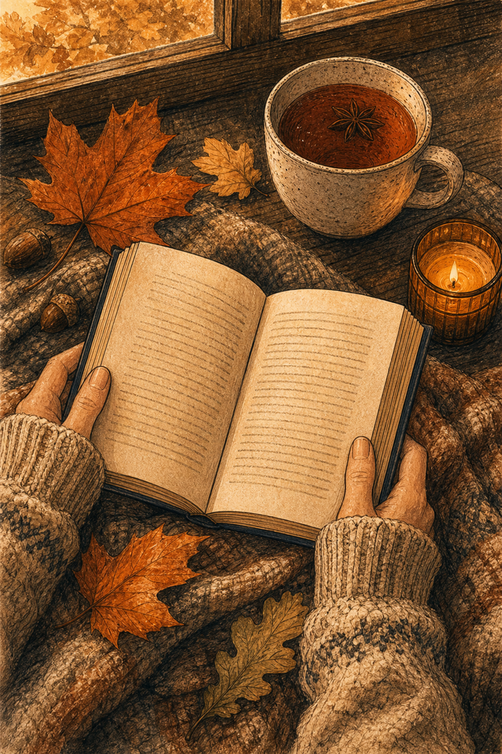 Книга в долонях, теплий чай і осіннє листя